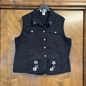Shipshe 2XL Black Embroidered Floral Rhinestone Biker Chick Denim Vest Emo Punk